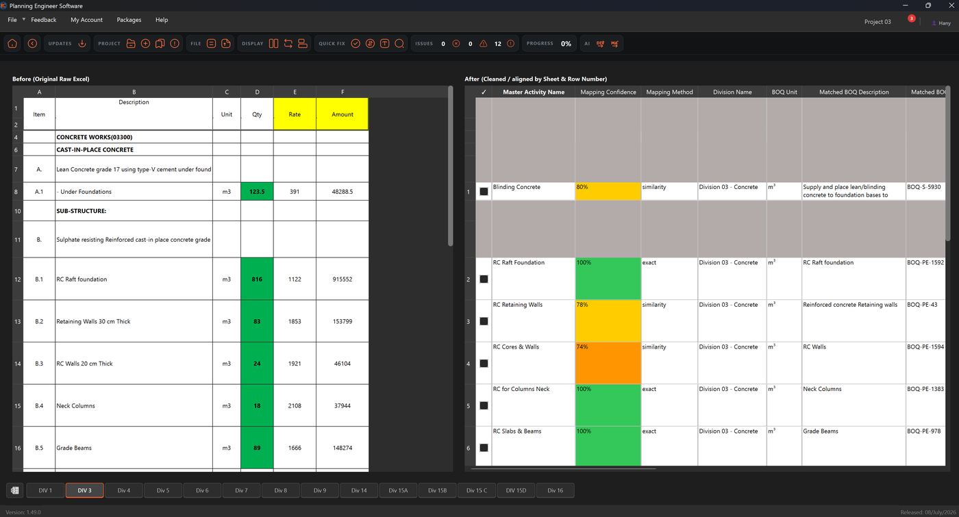 BOQ Cleaning and Mapping screen
